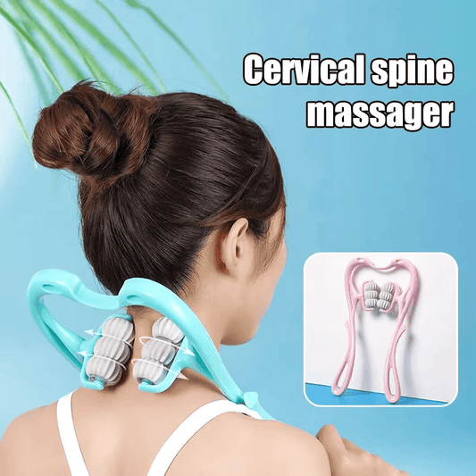 A woman holds a cervical spine massager, demonstrating its use for neck relaxation and relief.