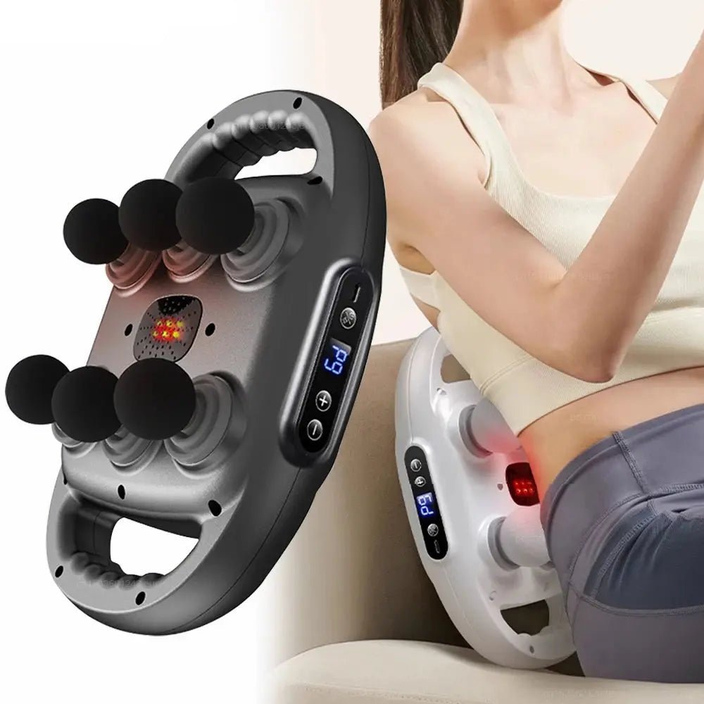 A woman is using a massage device featuring four massage balls for relaxation and muscle relief.